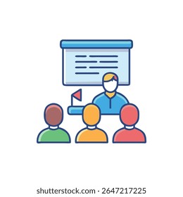 Ilustração em estilo de vetor plano de uma apresentação de negócios com professor e alunos. Conceito educacional, processo de aprendizagem, reunião e discussão, desenvolvimento de habilidades.