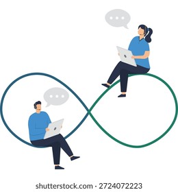 Ilustración de estilo de Vector plano de gente de negocios sentada en el bucle infinito mientras trabaja en computadoras portátiles para representar un flujo de trabajo continuo, una colaboración ágil y una productividad sostenible