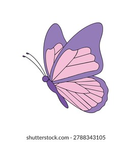 A flat vector style illustration of a butterfly with purple and pink wings isolated on a white background