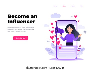 Flat vector style illustration with characters - influencer marketing concept - blogger promotion services, goods for followers online. Social media influencer shouting in megaphone from smartphone.