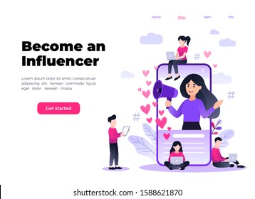 Flat vector style illustration with characters - influencer marketing concept - blogger promotion services, goods for followers online. Social media influencer shouting in megaphone from smartphone.