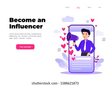 Flat vector style illustration with characters - influencer marketing concept - blogger promotion services, goods for followers online. Social media influencer shouting in megaphone from smartphone.