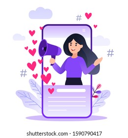 Flat vector style illustration with characters - influencer marketing concept - blogger promotion services, goods for followers online. Social media influencer shouting in megaphone from smartphone.