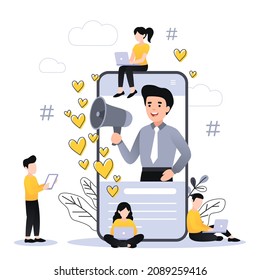Flat vector style illustration with characters - influencer marketing concept - blogger promotion services, goods for followers online. Social media influencer shouting in megaphone from smartphone.
