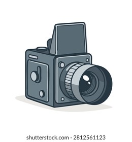 A flat vector style illustration of a classic medium format camera with a waist level viewfinder