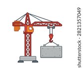 A flat vector style illustration of a construction tower crane carrying a large grey concrete block with a hook.