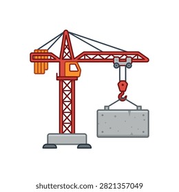 A flat vector style illustration of a construction tower crane carrying a large grey concrete block with a hook.