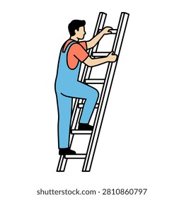 A flat vector style illustration depicts a male worker dressed in blue work overalls climbing up a tall sturdy metal ladder while performing maintenance tasks. This clean graphic design represents industrial labor and repair services with flat colors.