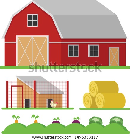 Flat vector style illustration on the farm set. Red wooden barn, chicken coop, hay. Farm buildings and harvest.