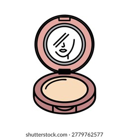 A flat vector style illustration of an open makeup compact powder case with a small mirror reflecting a face.