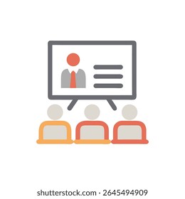 A flat vector style illustration showing a presentation with an audience. Depicts information sharing in an organized setting.