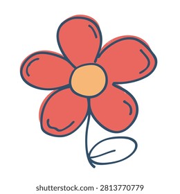 A flat vector style illustration of a simple red flower with a yellow center and a small green leaf on a white background.