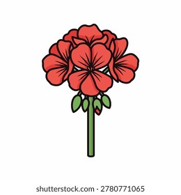 A flat vector style illustration of a single red geranium flower cluster on a green stem with small buds isolated on white