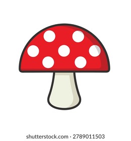 A flat vector style illustration of a single red mushroom with white spots and a light beige stem on a white background