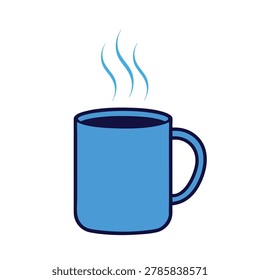 A flat vector style illustration of a solid blue mug filled with a dark beverage and steam rising from the top
