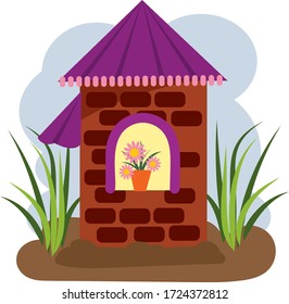 Ilustración de estilo vector plano. Fondo de verano. Vector del estilo de las caricaturas. Casa de cuento de hadas.