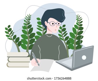 Flat vector style of kid study at home. New normal after covid19 period