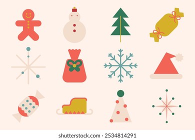 Flacher Vektorstil in Pastellfarben mit Symbolen zum Thema Weihnachten. Flacher Vektorstil umfasst Lebkuchen, Schneemann und Baum. Ästhetische flache grafische Illustration festlichen Urlaub Element Set.