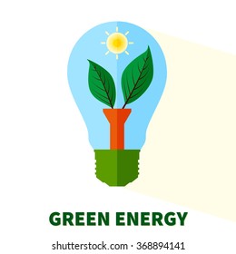 Flat vector stylized "Green energy" lightbulb with leaves and sun