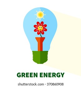 Flat vector stylized "Green energy" lightbulb with flower (bloom) and sun