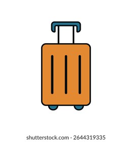 Flat Vector Suitcase Icon with Orange Body and Rolling Wheels for Travel and Vacation Illustration