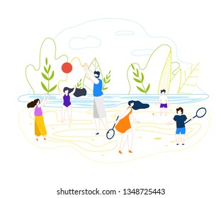 Flat Vector Summer Beach Games on Background River. Illustration Big Man with Beard in Shorts and Blue Shirt Playing Ball with Girls on Urban Beach. Mom Plays with Son in Badminton.