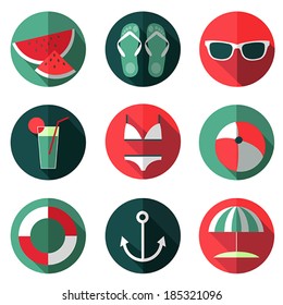 Flat vector summer icons set with shadows