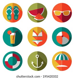 Flat vector summer icons set with shadows