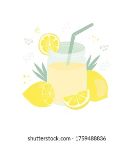 Flat vector summer illustration of lemonade in a jar with a slice of lemon, a green straw, a whole lemon and half a lemon. 