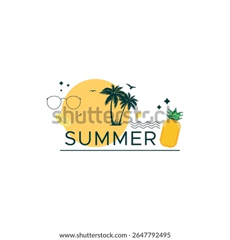 Flat vector summer illustration with tropical elements: sun, pineapple, palm trees, lemon slice, waves, and glasses. Perfect for beach posters, summer products, and tropical holiday branding.