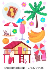 Flat vector summer vacation set with tropical drinks, beach house, palm tree and bananas. Bright tropical lifestyle collection in colorful style.