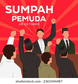 flat vector sumpah pemuda 28 oktober illustration. young people are discussing. translation: happy indonesian young pledge