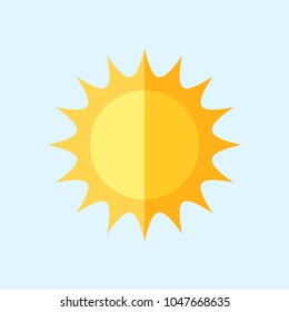 Flat vector sun icon logo isolated on light blue background symbol sign or pictogram of summer copyspace cartoon design yellow sunbeam sunshine sunlight orange shine sunrays Sunday  holiday furlough