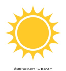 Flat vector sun icon logo isolated on white background symbol sign or pictogram of summer copyspace cartoon design yellow sunbeam sunshine sunlight orange shine sunrays Sunday  holiday furlough sea 