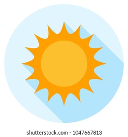 Flat vector sun icon long shadow logo isolated on light blue background symbol sign or pictogram of summer copyspace cartoon design yellow sunbeam sunshine sunlight orange shine sunrays Sunday 