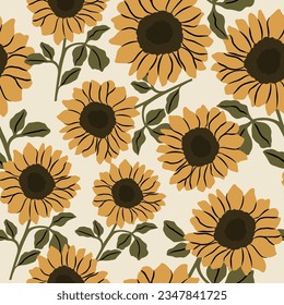 Flat vector sunflower branch seamless pattern