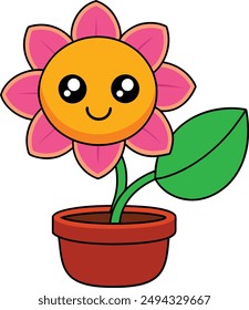Flat vector sunflower plant with flower   pot.