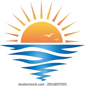 Flat vector sunrise logo with half orange yellow sun with sharp triangular sunburst rays above, two white seagull silhouettes flying over sun,
