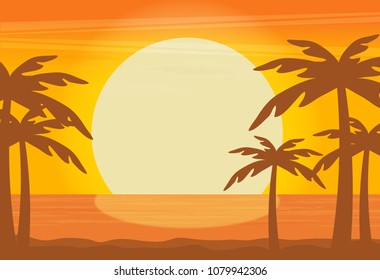 Flat vector sunset on the beach