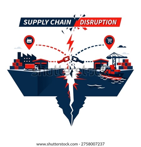 Flat vector of supply chain disruption showing broken connection between factory and port with shipping containers and transport gap. Ideal for logistics crisis, global trade issues, and business impact visuals.