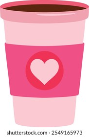 Vector plano para llevar Taza de papel rosa de café, té, ilustración de chocolate caliente con el icono del corazón del amor para el Clipart de la bebida y de la bebida del día de San Valentín aislado en el fondo blanco.