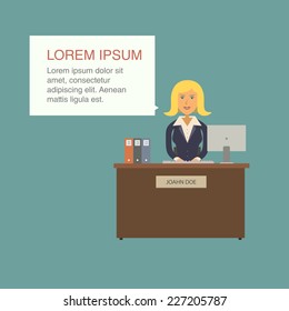 Flat vector talking and typing woman secretary at the desktop on the blue background