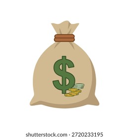 Vetor plano de um saco de dinheiro bronzeado com um sinal de dólar verde escuro e moedas de ouro e prata empilhadas em um fundo verde silenciado, simbolizando lucro, economias e riqueza.