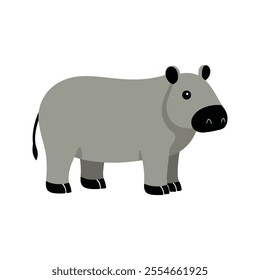 Flat Vector Tapir Illustration, Stylized Cartoon Design with Soft Gray Body and Short Trunk, Minimalist Aesthetic