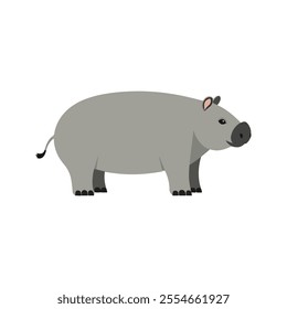 Flat Vector Tapir Illustration, Stylized Cartoon Design with Soft Gray Body and Short Trunk, Minimalist Aesthetic