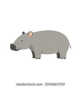 Flat Vector Tapir Illustration, Stylized Cartoon Design with Soft Gray Body and Short Trunk, Minimalist Aesthetic