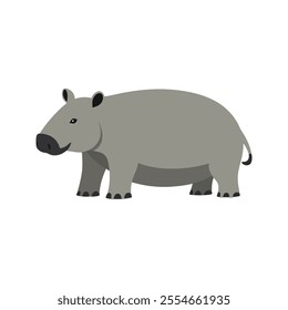 Flat Vector Tapir Illustration, Stylized Cartoon Design with Soft Gray Body and Short Trunk, Minimalist Aesthetic