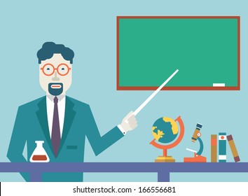 Flat Vector Teacher And Study Schools Objects For Study. Flat Design Style - Vector Illustration