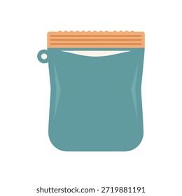 Flat vector of a teal silicone storage bag with an orange ridged seal and a small hanging loop, viewed from the front against a cream background. Represents sustainable snacking, meal prep, and eco-friendly food storage.