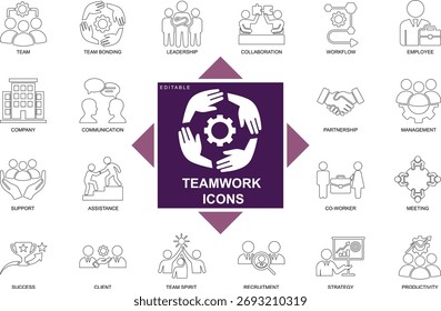 Flat vector teamwork icon set featuring people, collaboration, leadership, communication, and office cooperation symbols. Perfect for business, management, and project design use